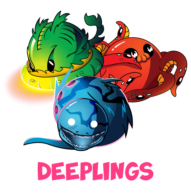 image of three deeplings. a green one with a light, a red octopus, and a blue eel. text says: deeplings.