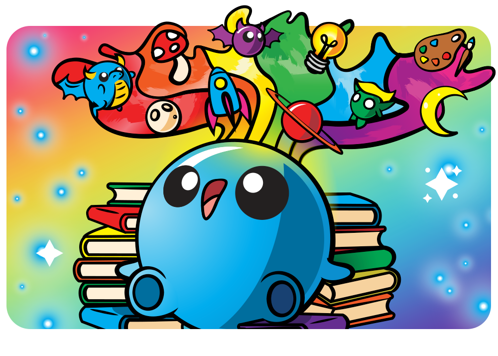 image of a happy blue glitterling with rainbows and books and fun drawings around him of dragons, space ships, planets, bats, and more