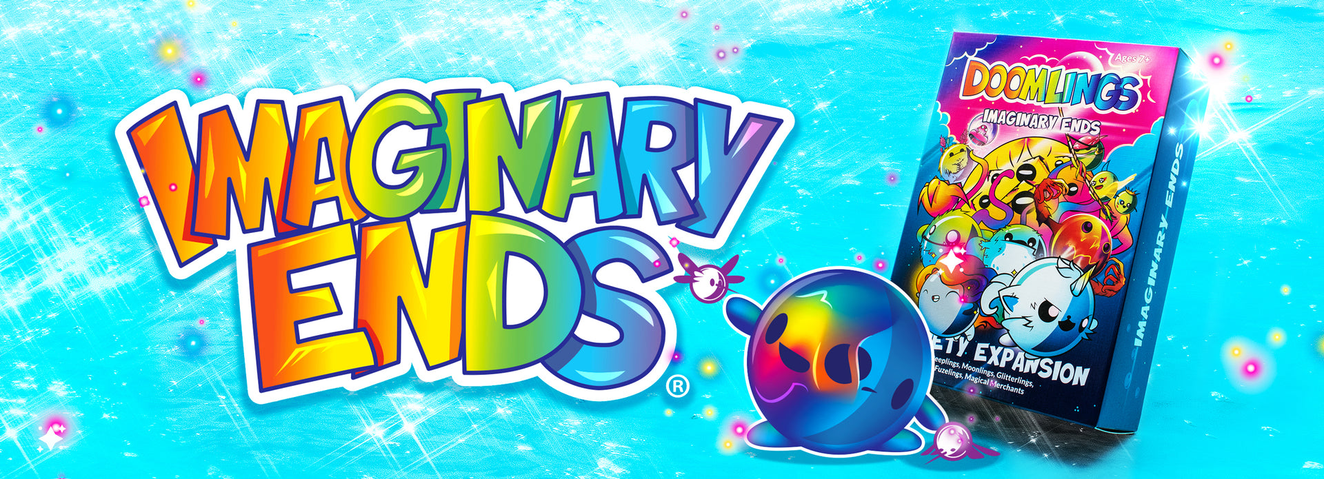 Imaginary Ends Button: BUY NOW. Doomlings Imaginary Ends box and rainbow Doomling with sparkles around it.