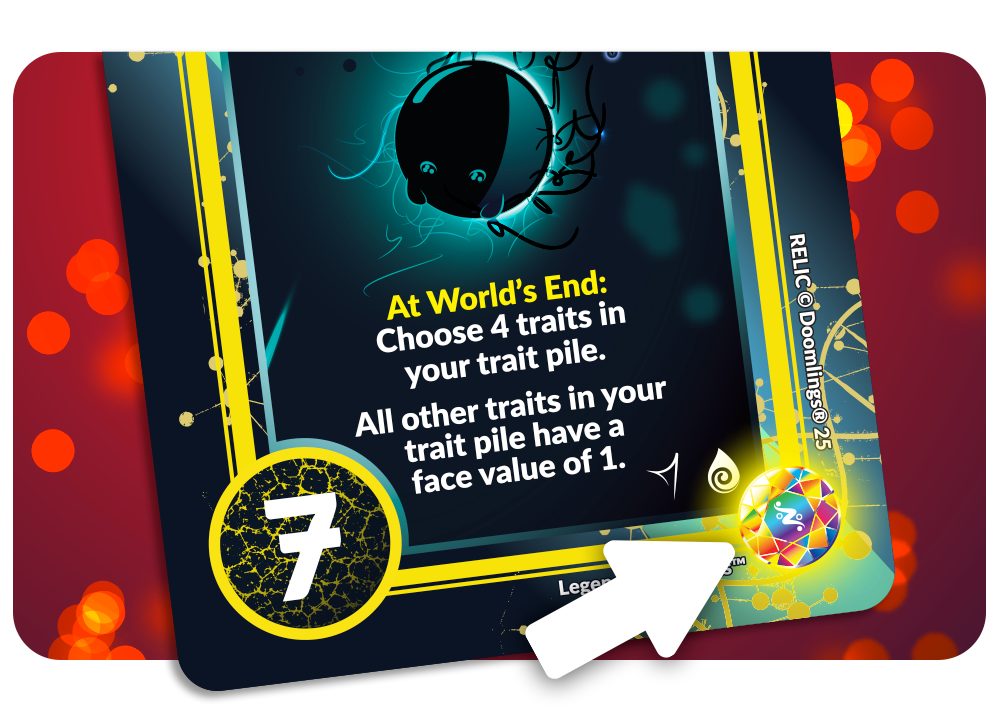 arrow pointing to rarity relic icon on a card