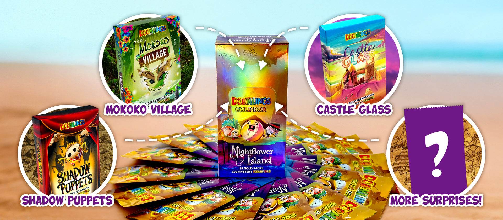 nightflower island and bolsters pointing towards the box and gold packs