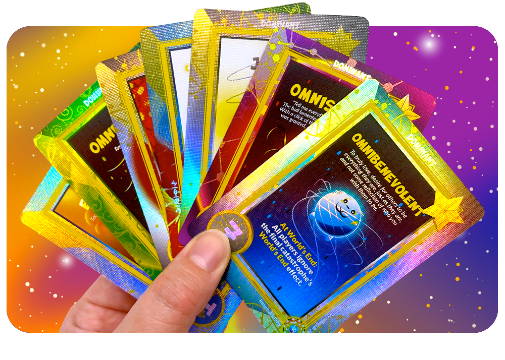 somebody holding holofoil imaginary ends cards