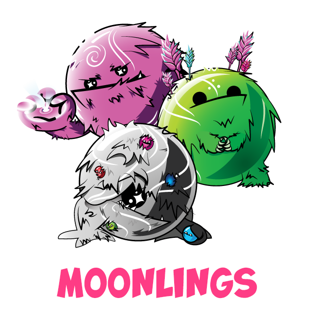 image of 3 moonlings. a purple one, a green one, and a big grey one that has a bunch of little doomlings in it. text says: moonlings.