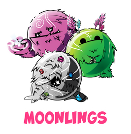 image of 3 moonlings. a purple one, a green one, and a big grey one that has a bunch of little doomlings in it. text says: moonlings.