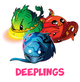 image of three deeplings. a green one with a light, a red octopus, and a blue eel. text says: deeplings.