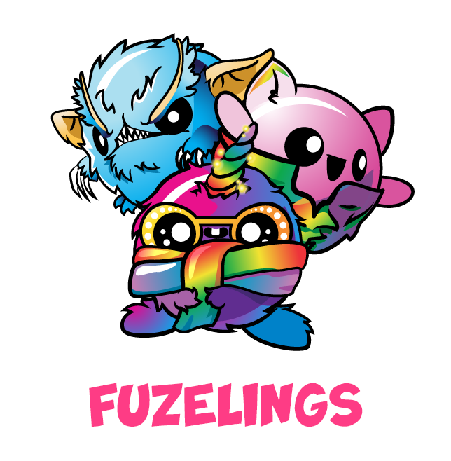 image of three fuzelings. a blue angry one, a rainbow one with glasses, and a happy pink one with a purple outfit. text sayS: fuzelings