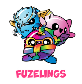 image of three fuzelings. a blue angry one, a rainbow one with glasses, and a happy pink one with a purple outfit. text sayS: fuzelings