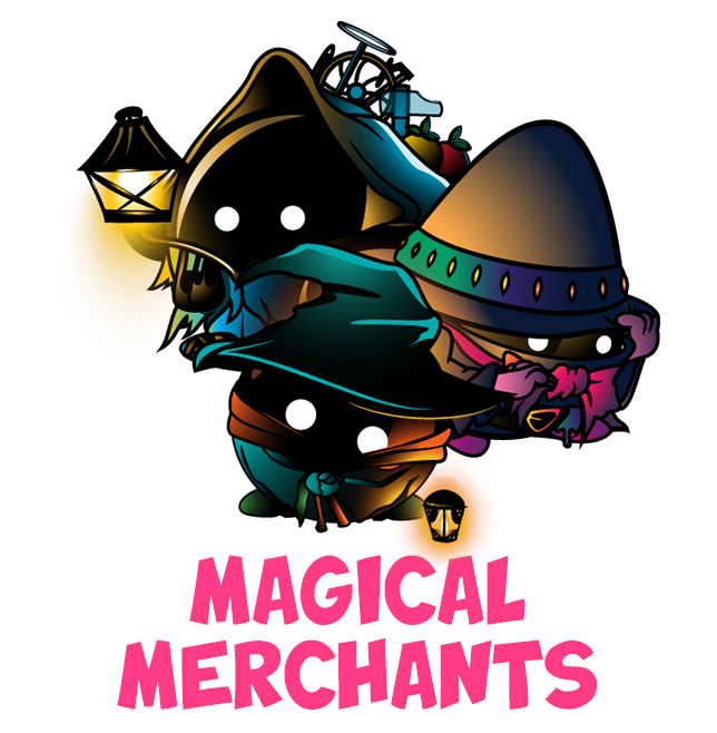 image of three merchants with big glowing eyes and pointy hats. text says: magical merchants