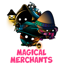 image of three merchants with big glowing eyes and pointy hats. text says: magical merchants