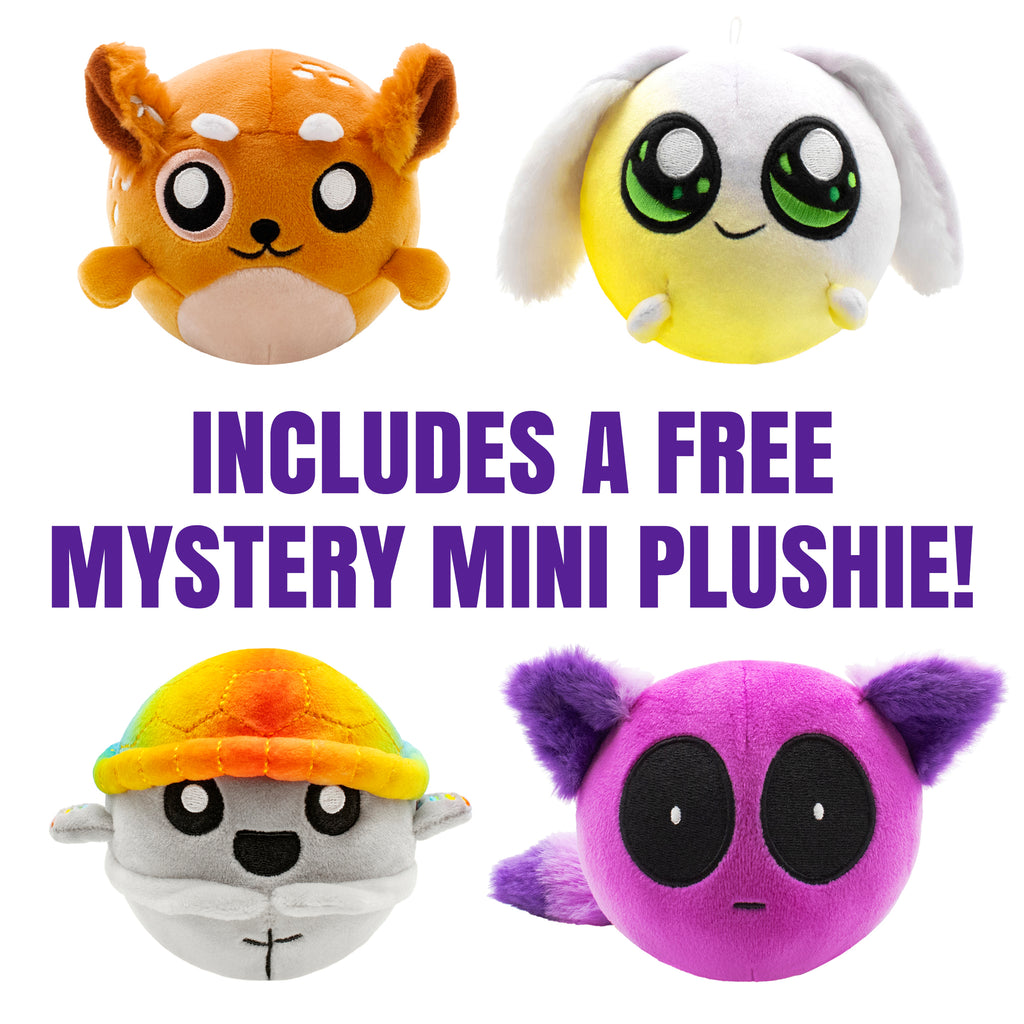 four mini plushies, text says 'includes a free mystery mini plushie'