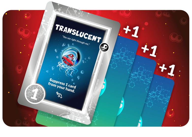 image of cards turned upside down under a deepling card with +1 +1 +1 above each suppressed card