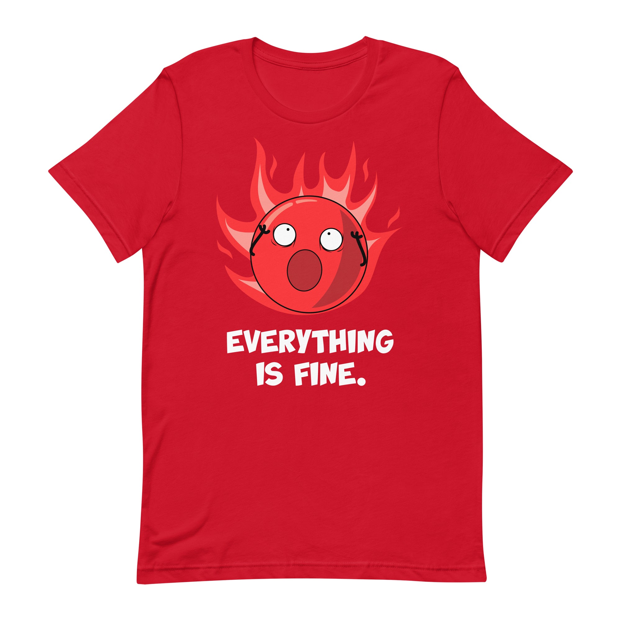 red tshirt with a flaming doomling with the text 'everything is fine.'