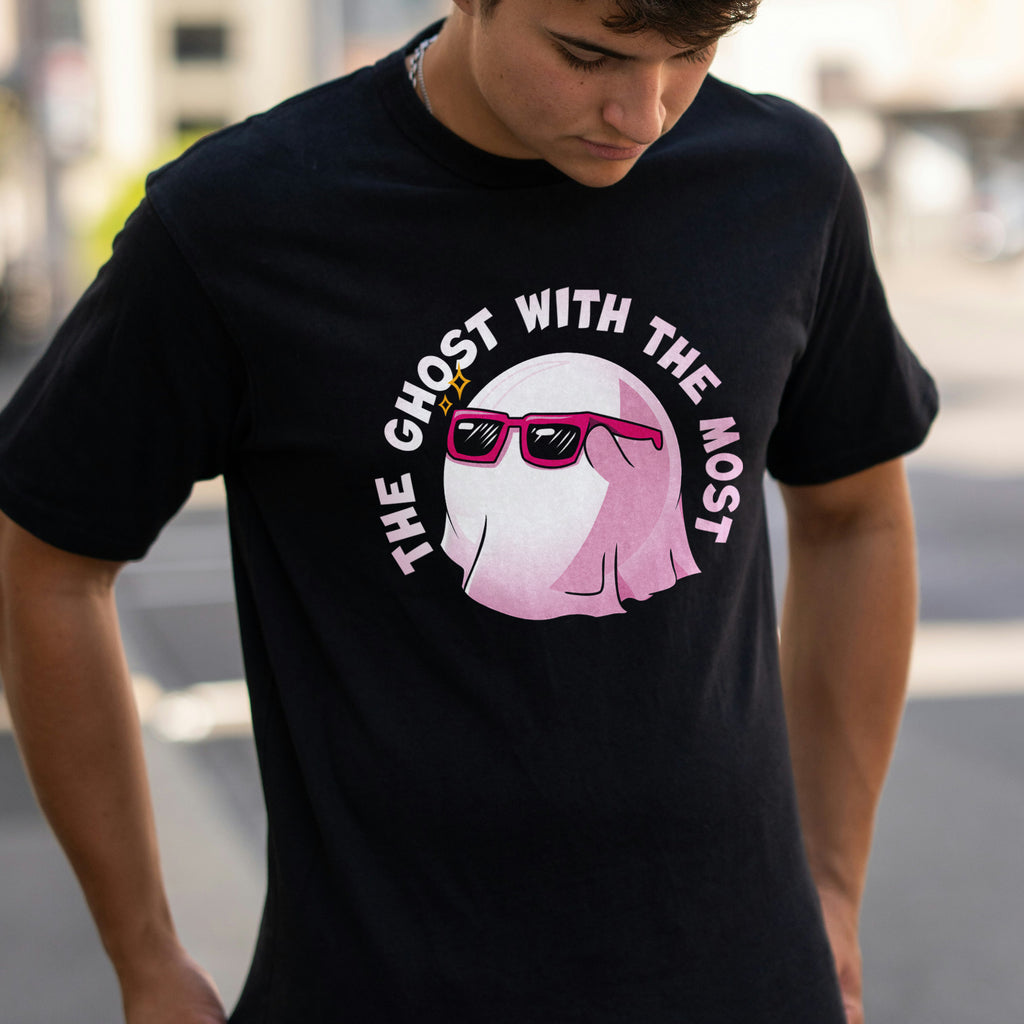 tshirt with ghostly doomling on it 'the ghost with the most'