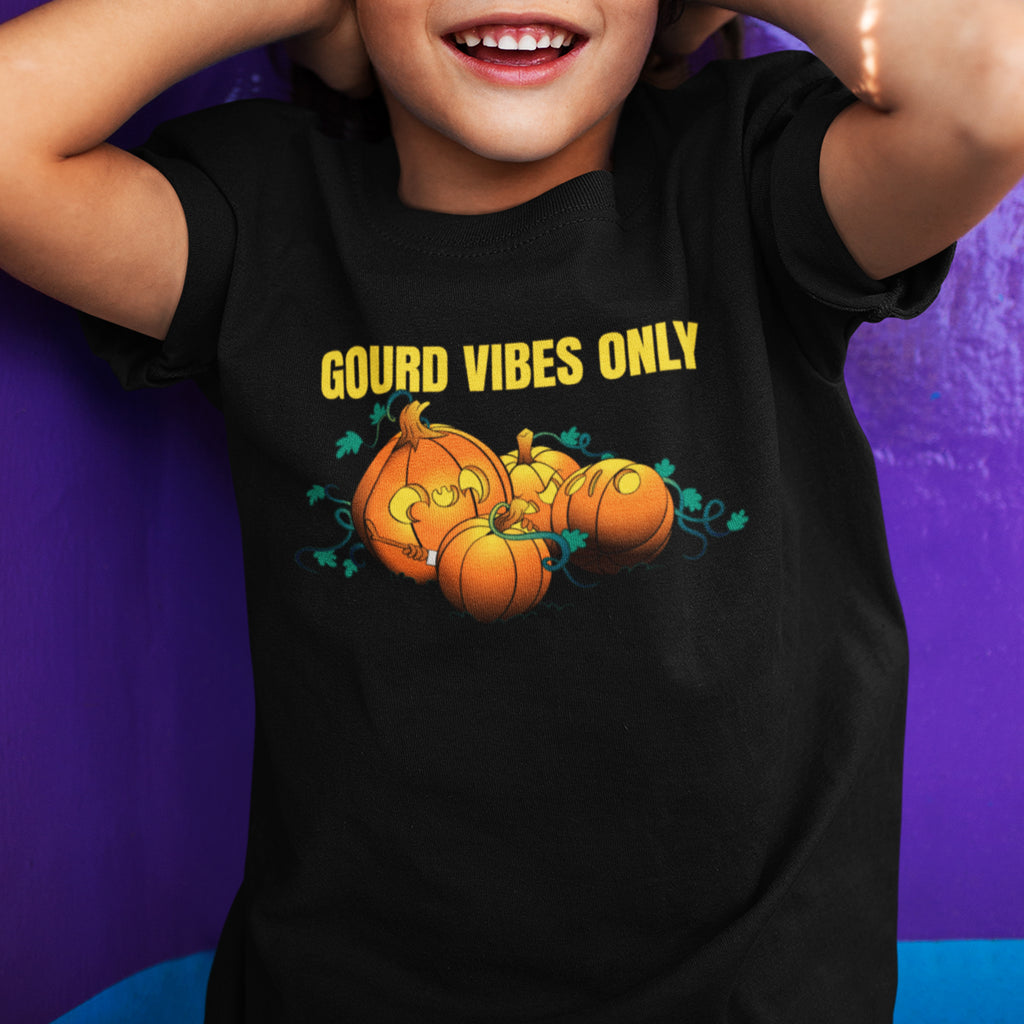 kid wearing gourd vibes only black doomlings kids tshirt