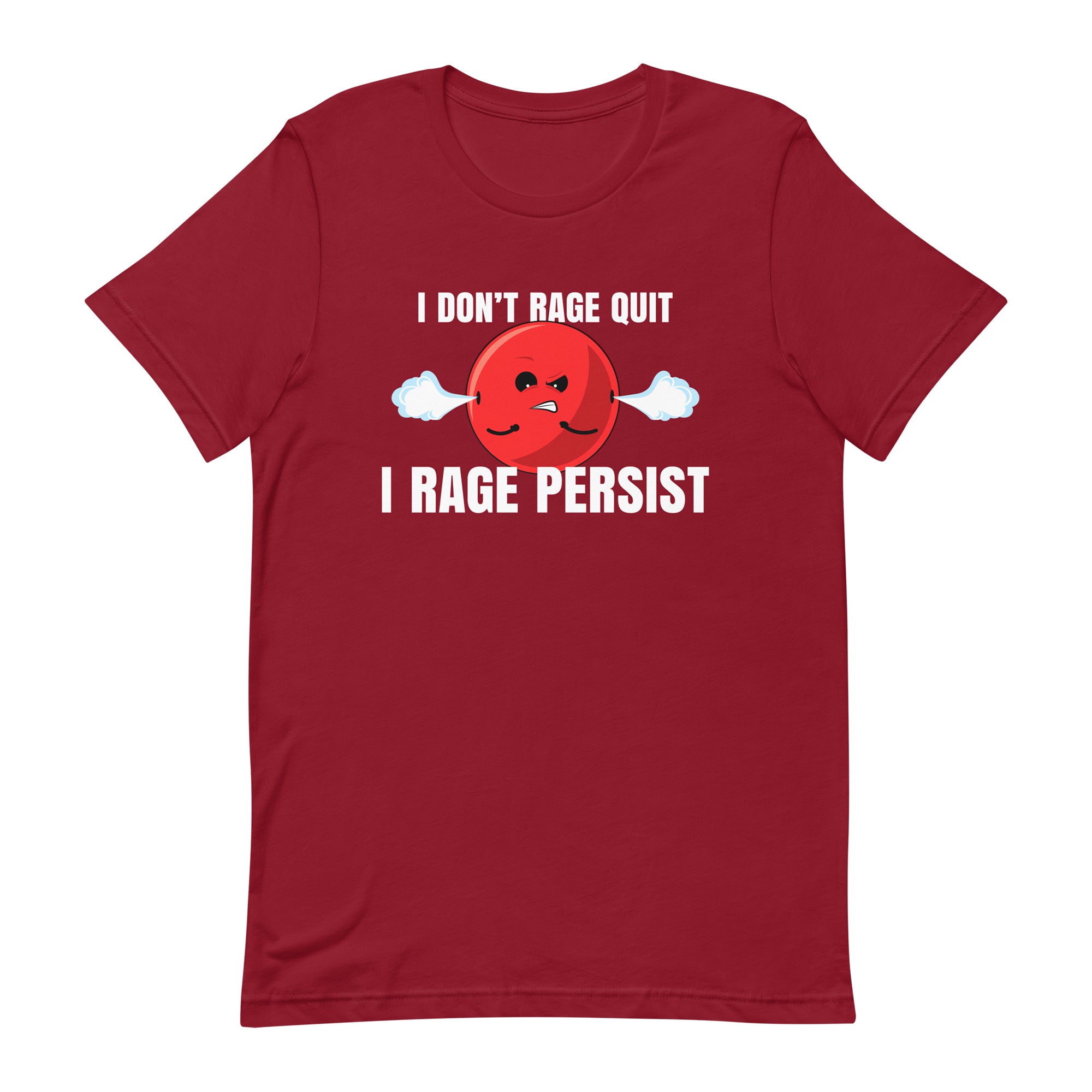 red t-shirt with angry doomling, text says: I don't rage quit, I rage persist