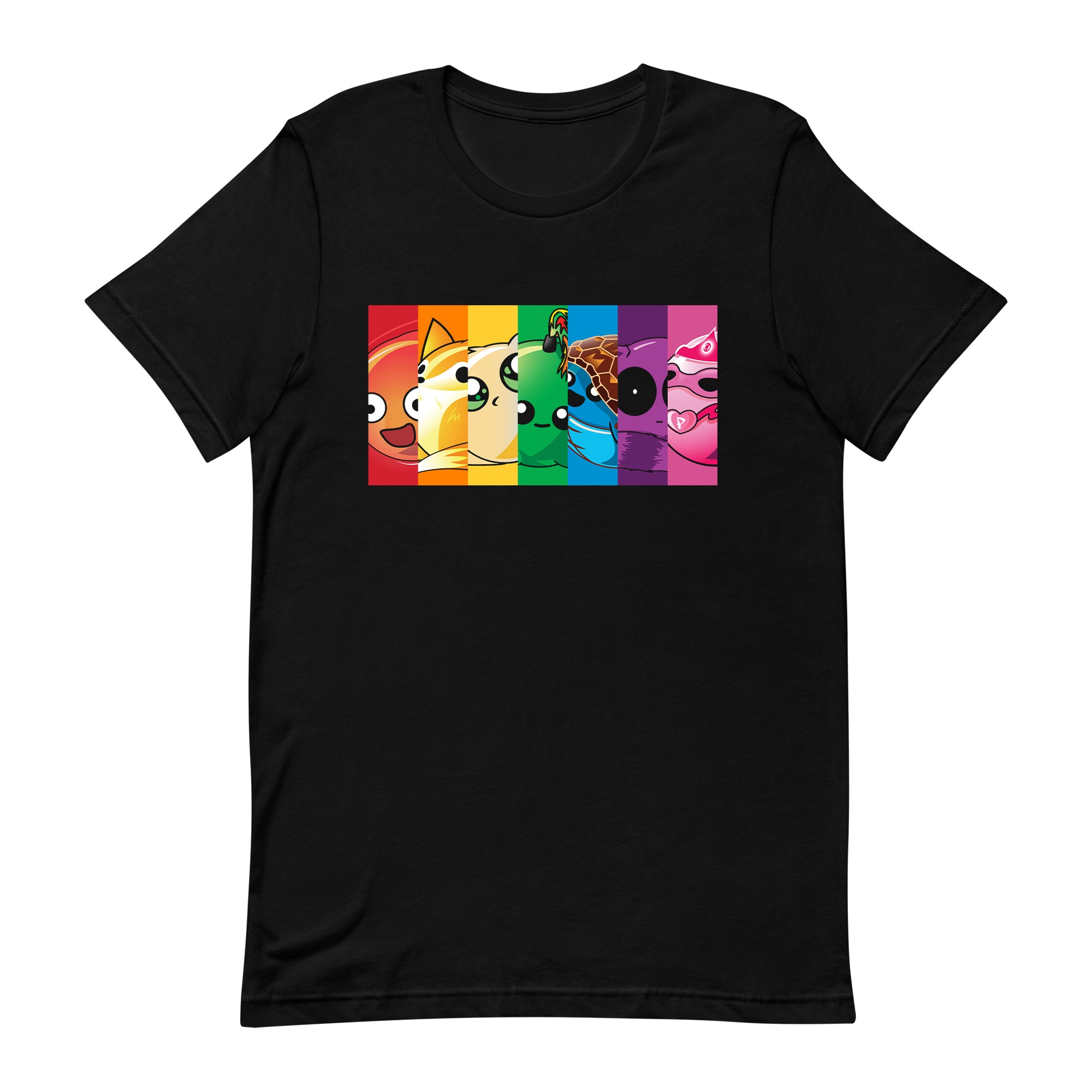 rainbow block doomlings tee with seven doomlings characters, black t-shirt