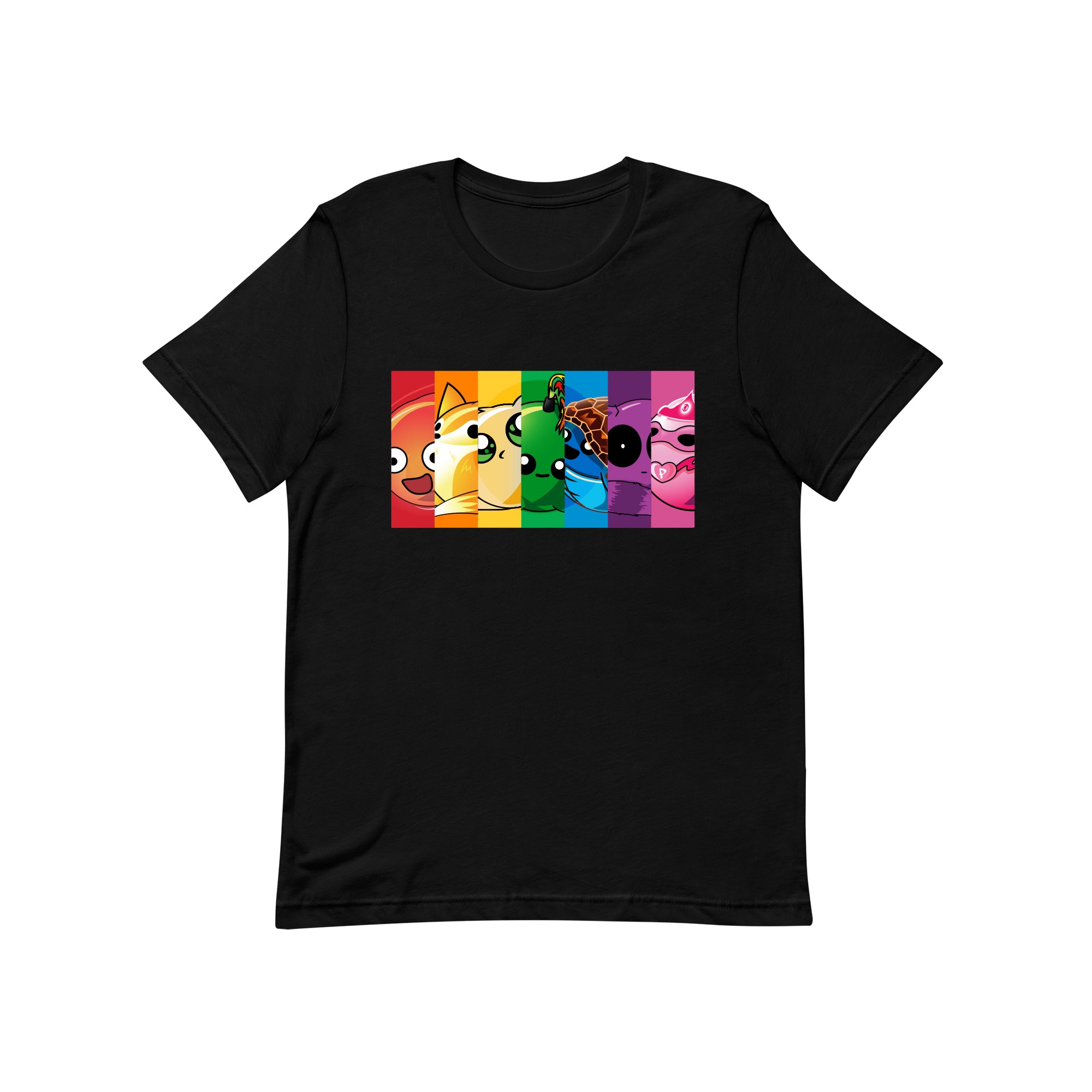 rainbow block doomlings kids tee with seven doomlings characters, black t-shirt
