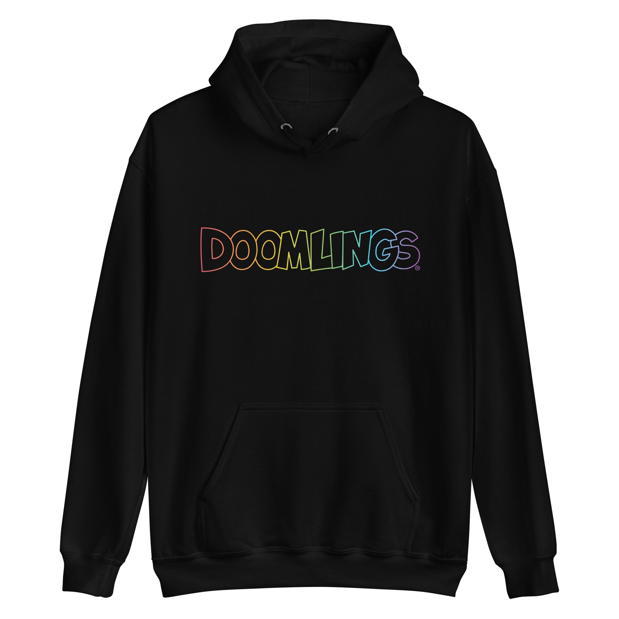 black hoodie with a rainbow Doomlings logo