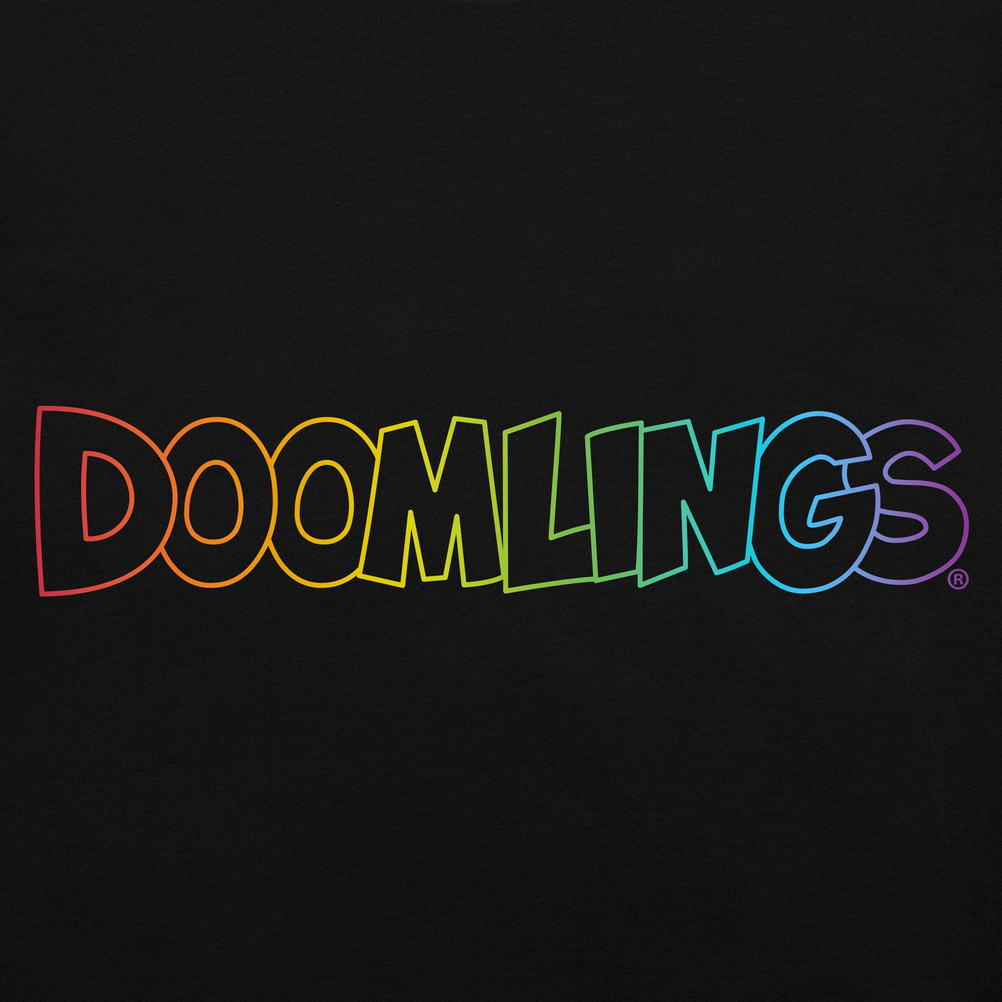 closeup black hoodie with a rainbow Doomlings logo
