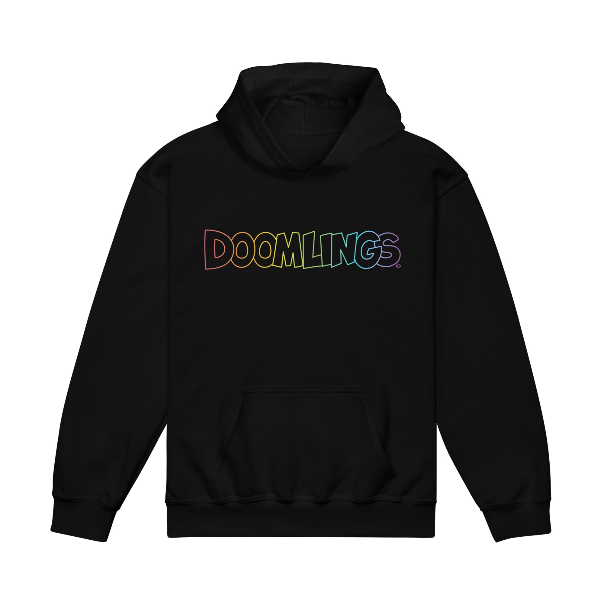black hoodie with rainbow doomlings logo