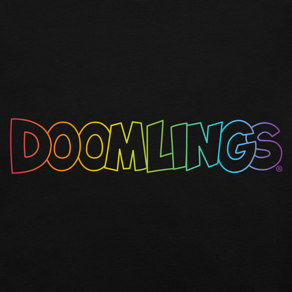 closeup black hoodie with rainbow doomlings logo