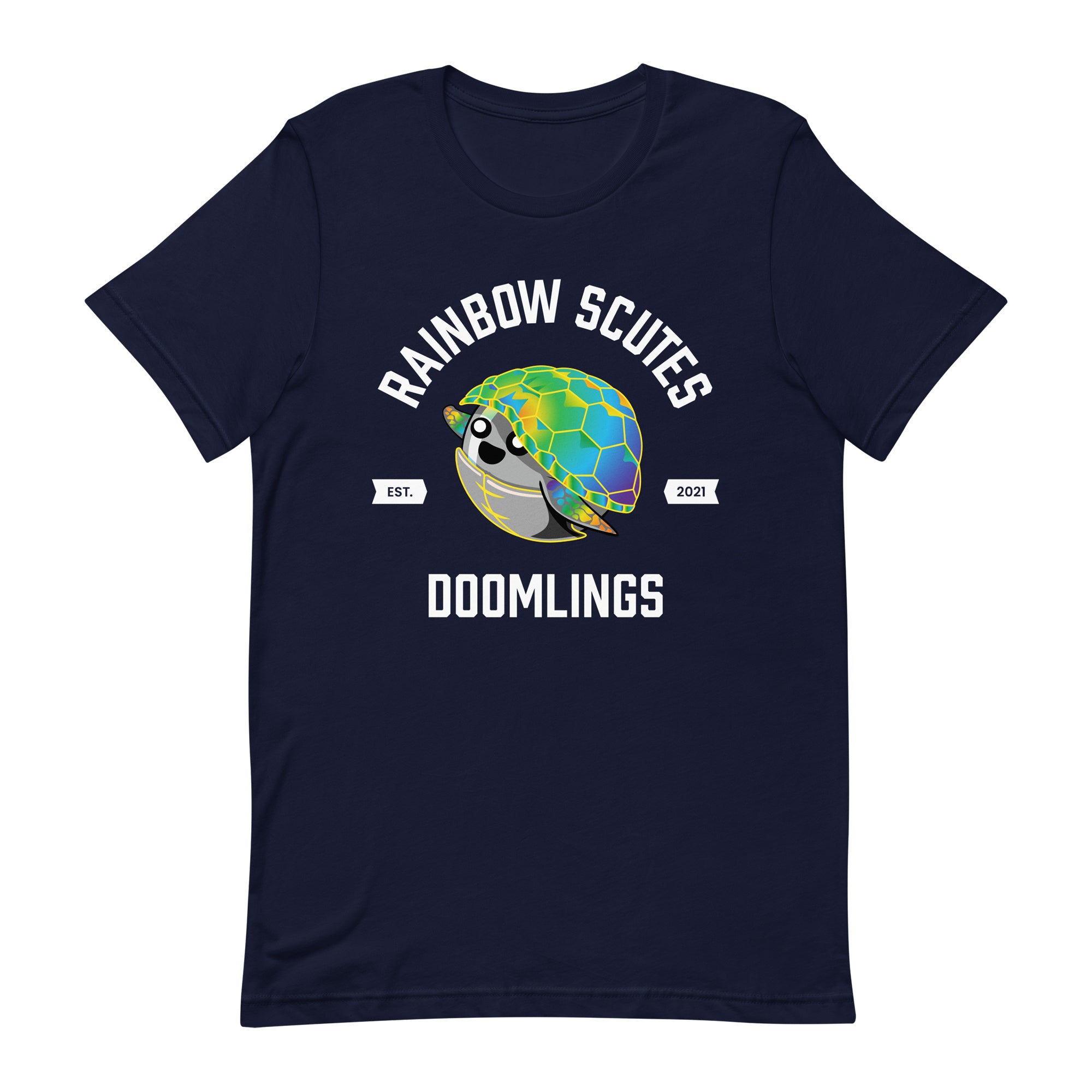 rainbow scutes college tee, navy t-shirt, text says 'rainbow scutes doomlings est. 2021'