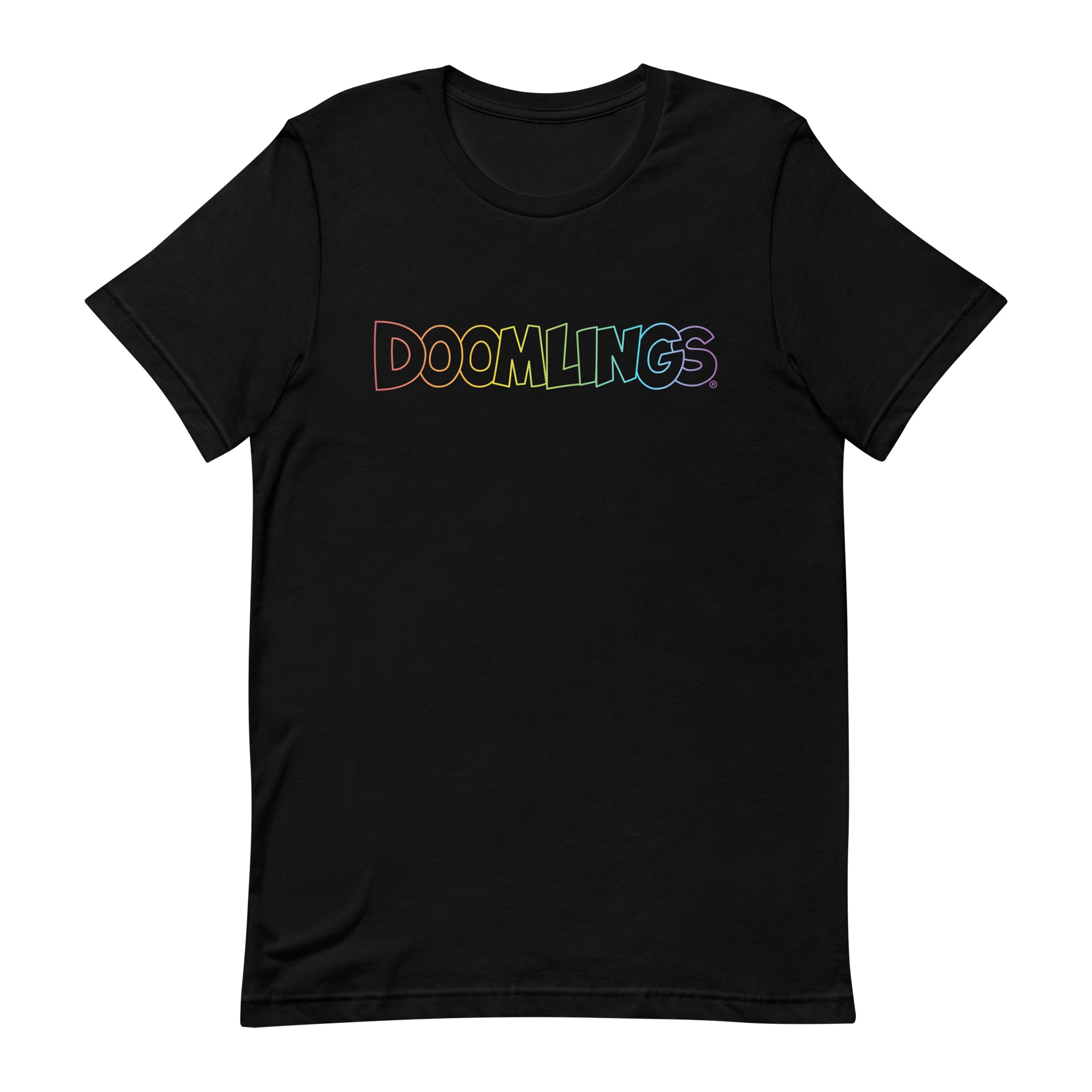 rainbow doomlings logo on a black tshirt