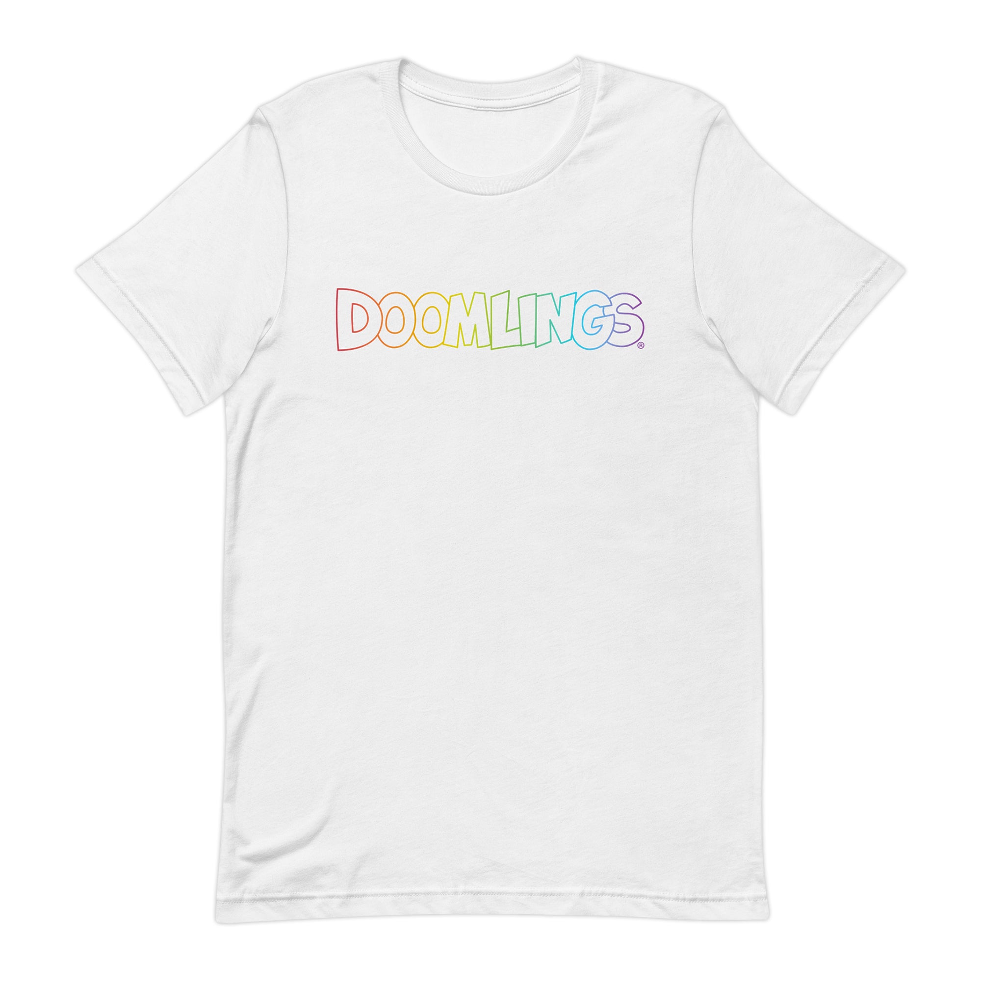 rainbow doomlings logo on a white tshirt