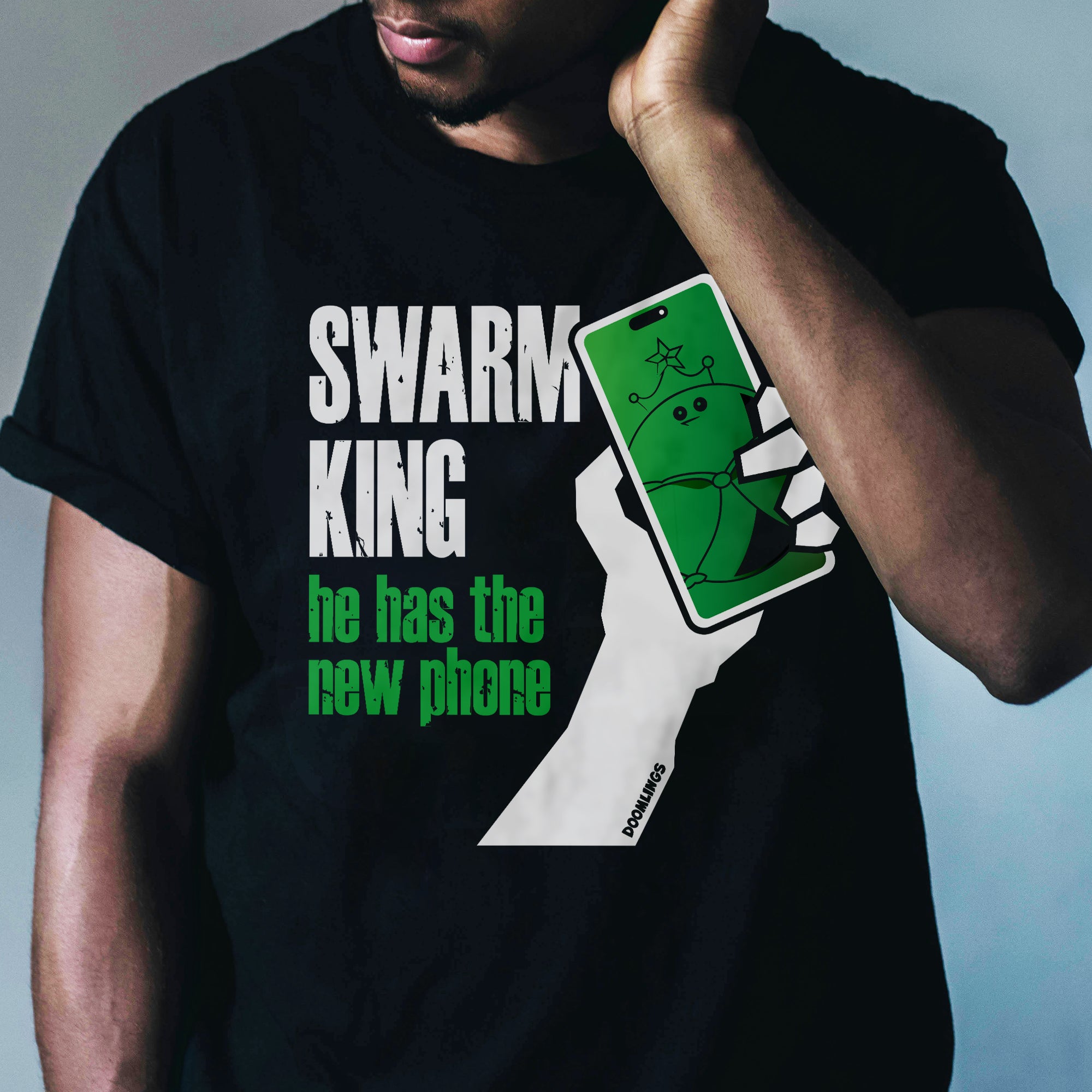 swarm king he has the new phone black tshirt