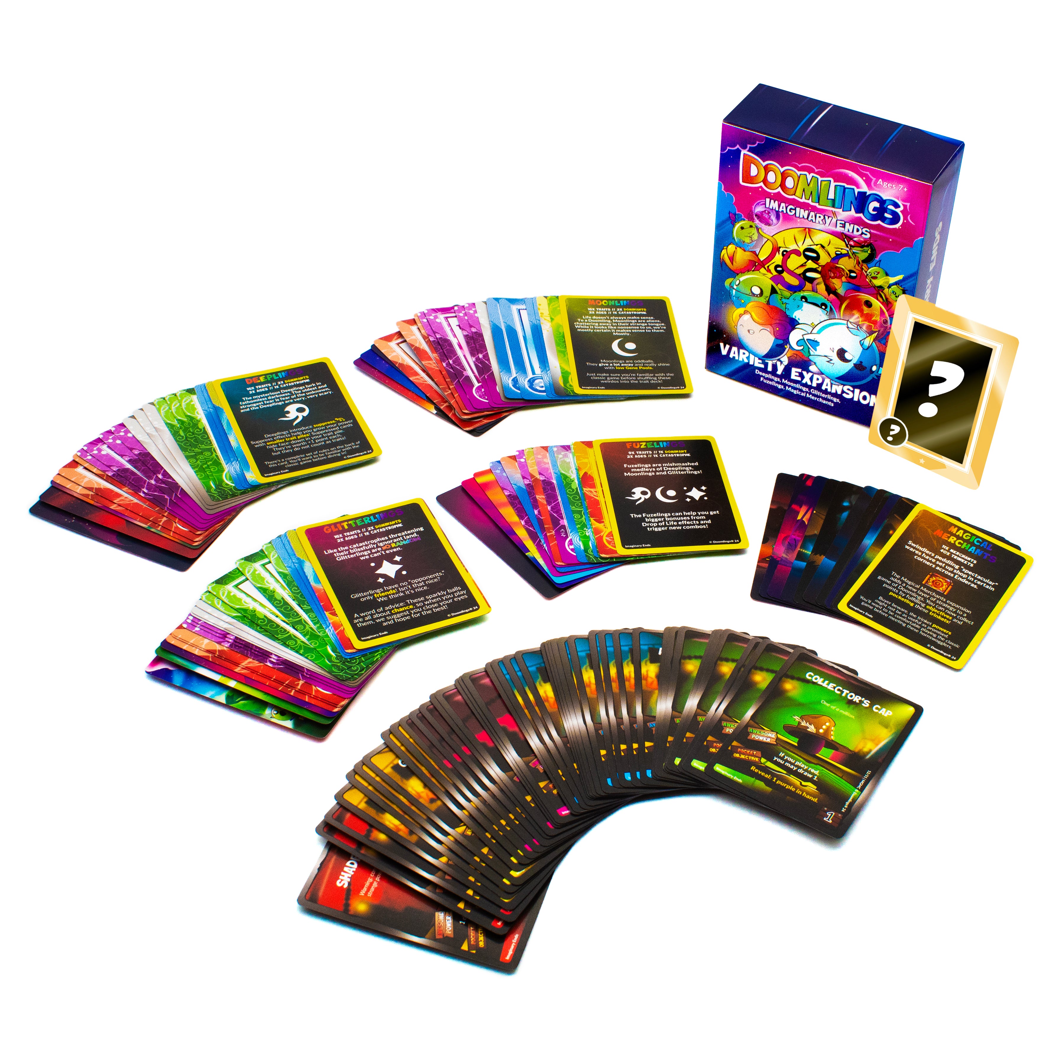 doomlings imaginary ends box with a ton of cards around it