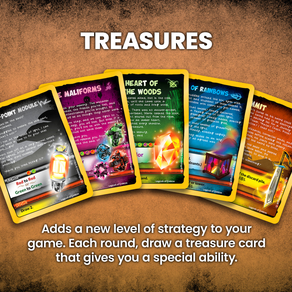treasures - adds a new level of strategy to your game. each round, draw a treasure card that gives you a special ability.
