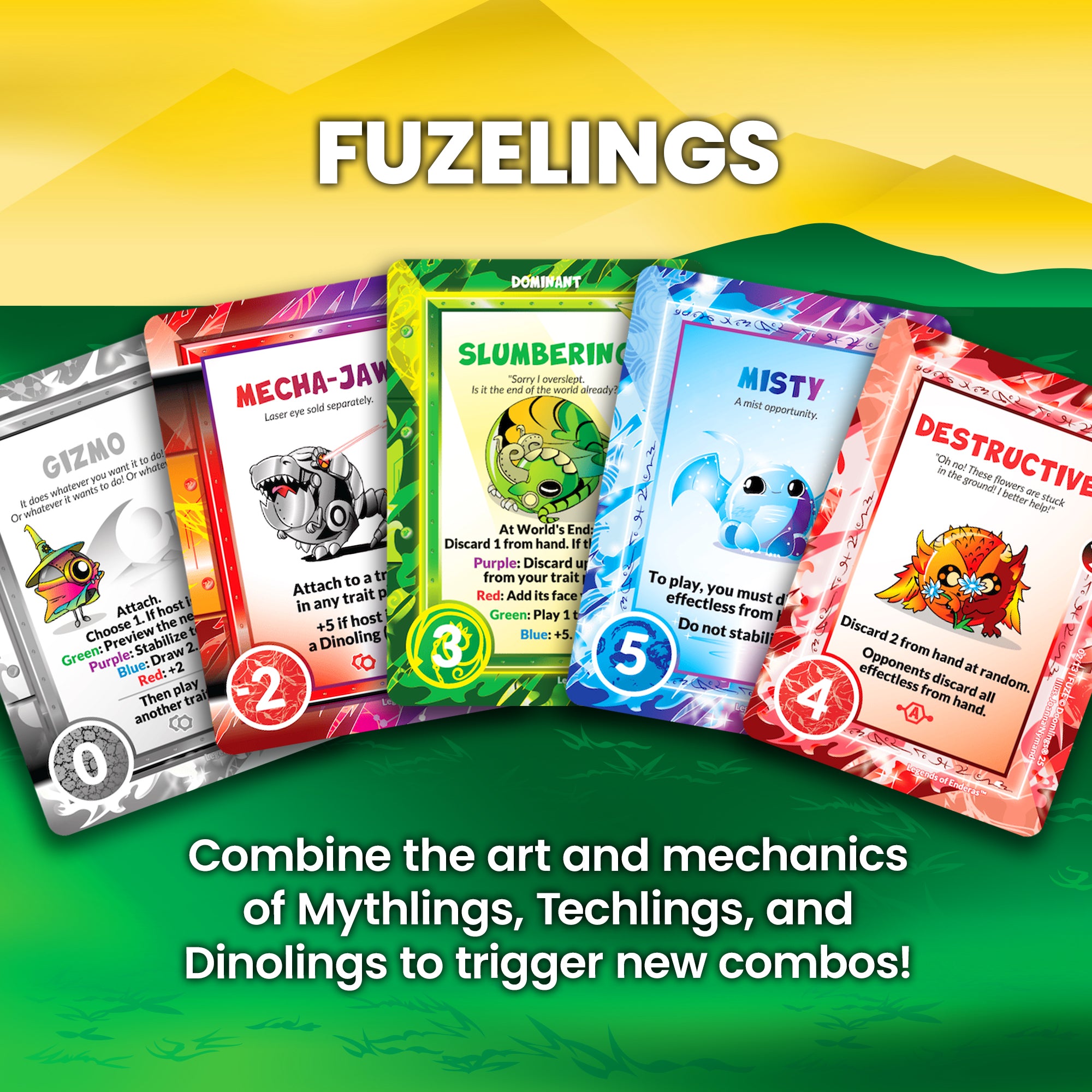 fuzelings - combine the art and mechanics of mythlings, techlings, and dinolings to trigger new combos!
