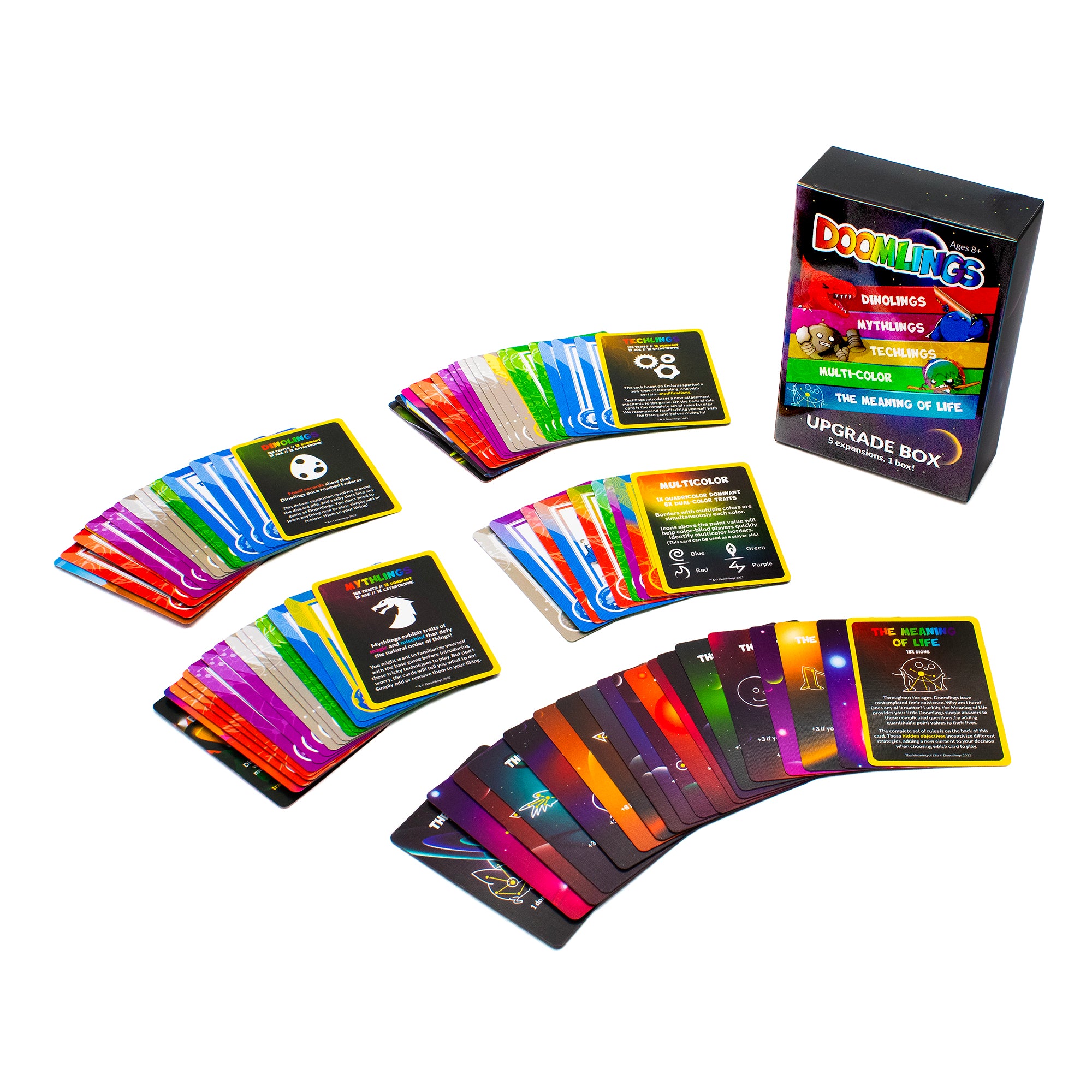 doomlings upgrade expansion box and display of all cards fanned out