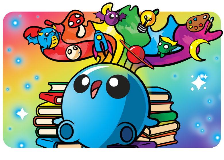 image of a happy blue glitterling with rainbows and books and fun drawings around him of dragons, space ships, planets, bats, and more