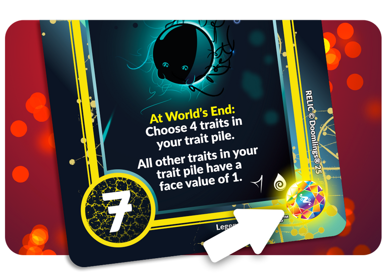 arrow pointing to rarity relic icon on a card