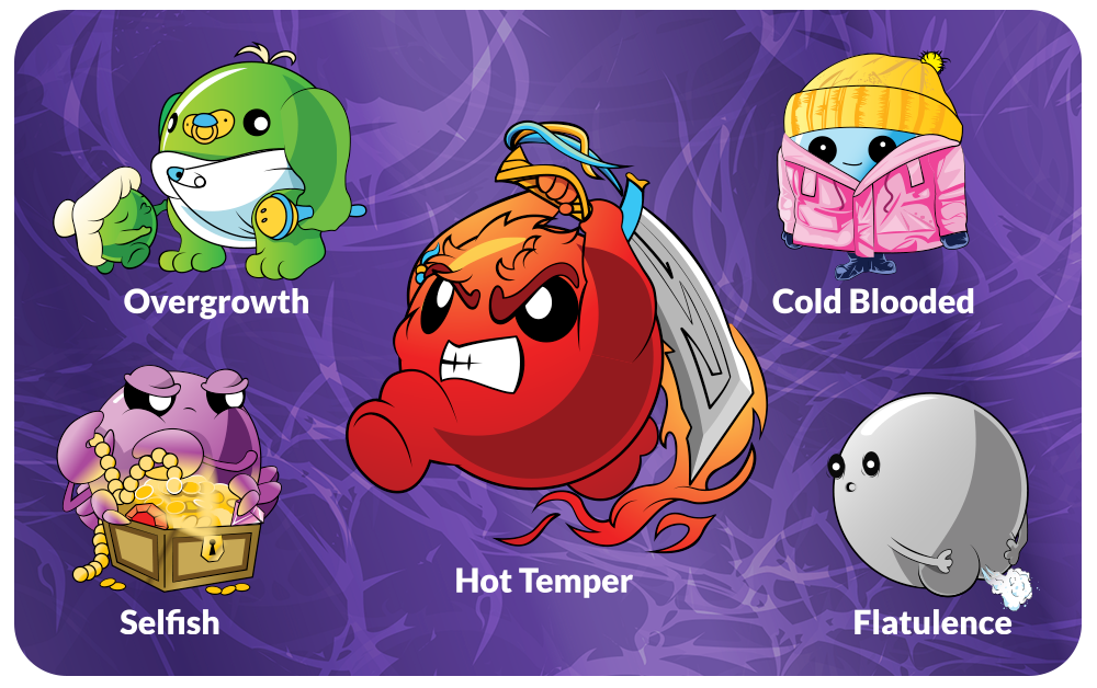 five doomlings, overgrowth, cold blooded, selfish, hot temper, and flatulence