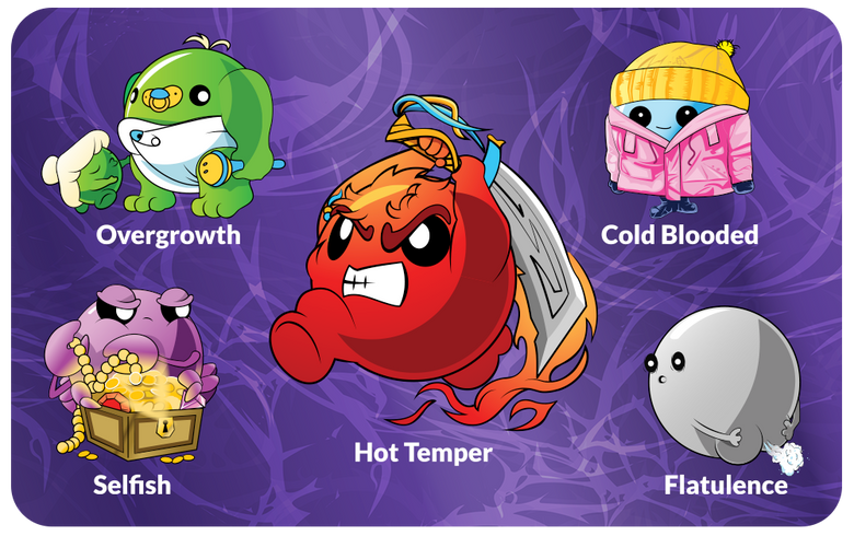 five doomlings, overgrowth, cold blooded, selfish, hot temper, and flatulence