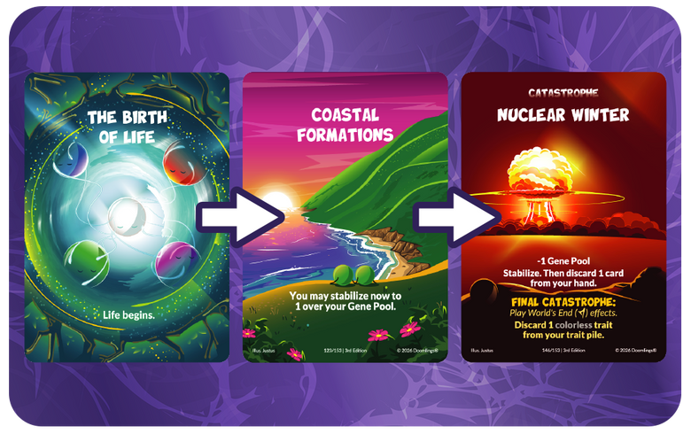 three cards, the birth of life, coastal formations, and nuclear winter