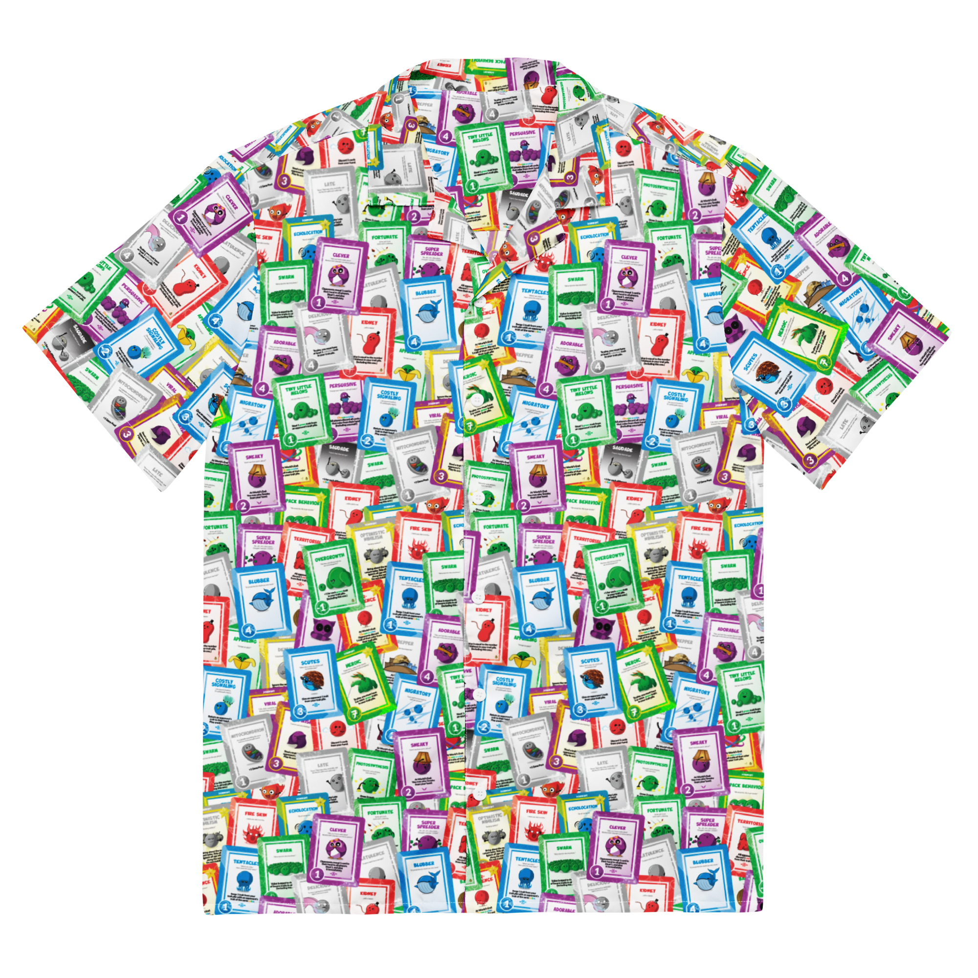 doomlings all over print hawaiian shirt with tons of cards