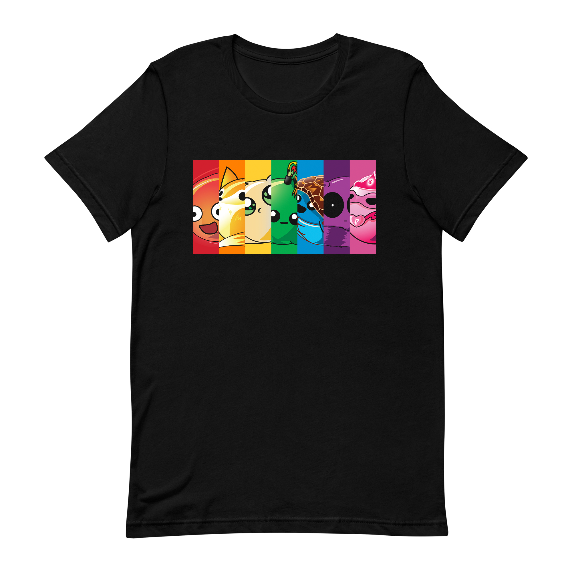 rainbow block doomlings tee with seven doomlings characters, black t-shirt