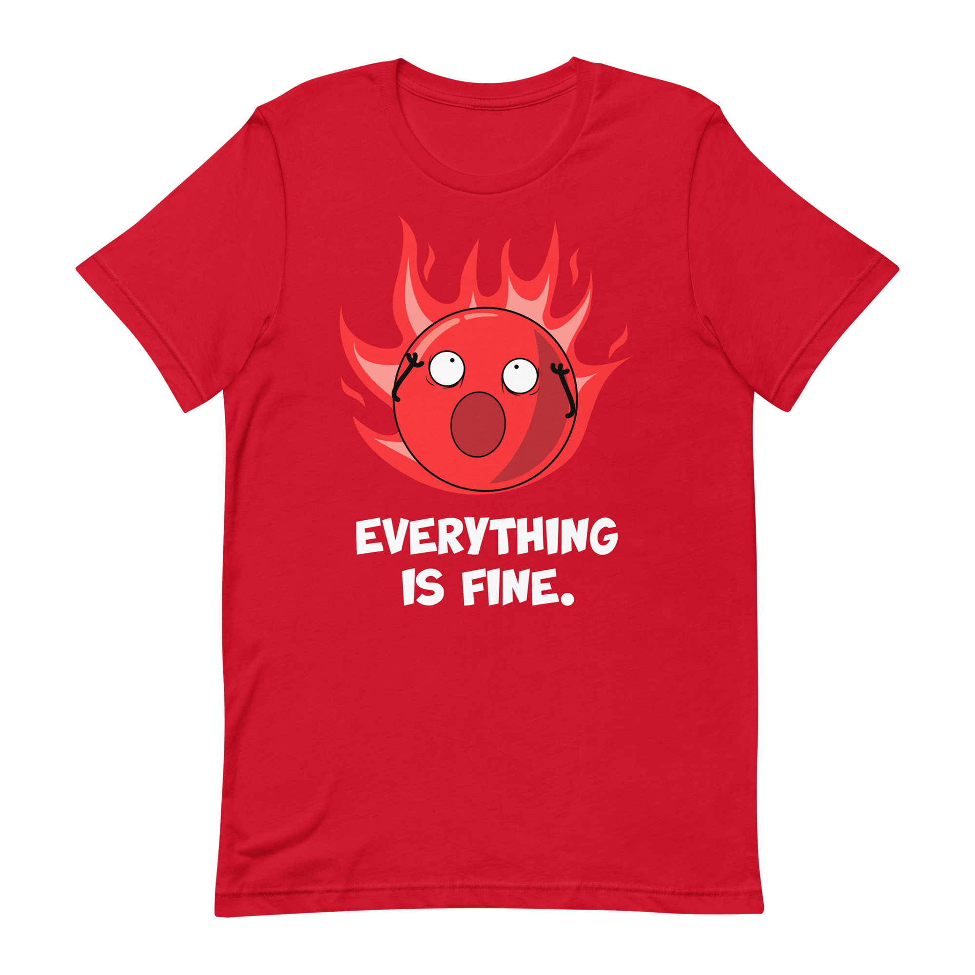 red tshirt with a flaming doomling with the text 'everything is fine.'