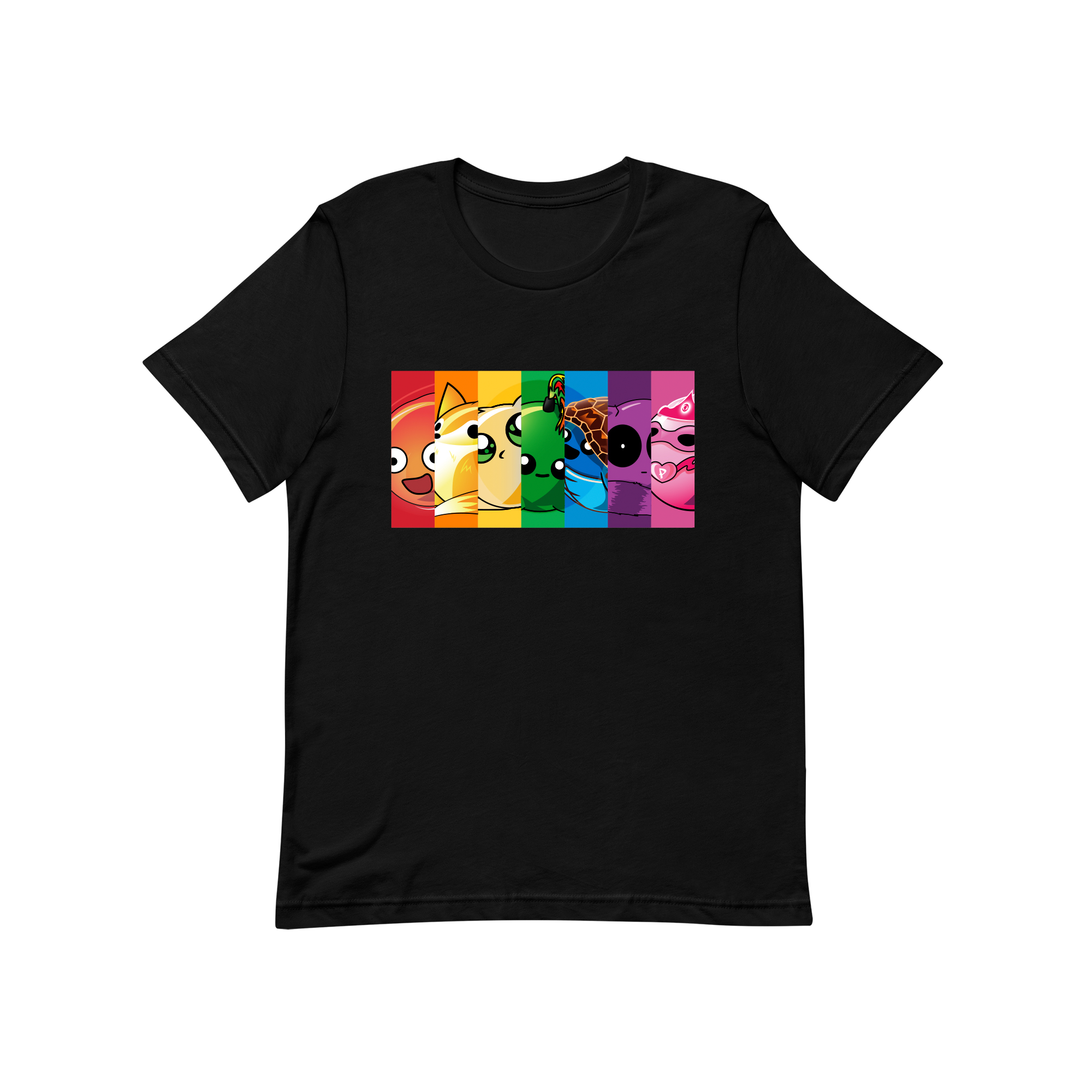rainbow block doomlings kids tee with seven doomlings characters, black t-shirt