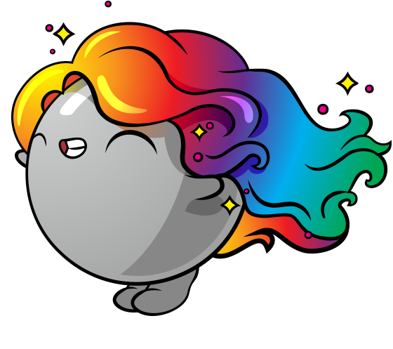 image of a grey doomling with sparkly rainbow hair