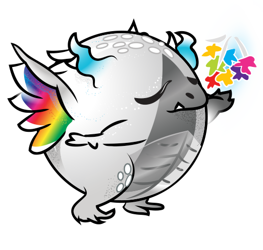 image of a grey dragon doomling with rainbow wings and is holding up rainbow magic in it's hand