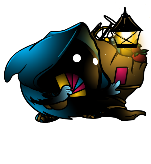a spooky blue merchant who holds cards