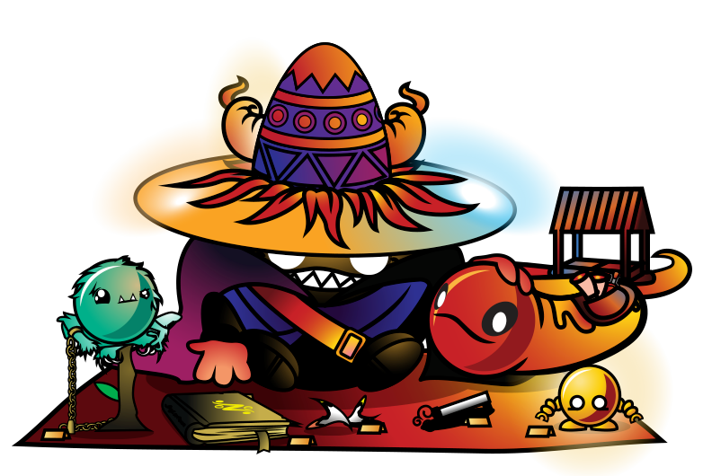 a grinning merchant with a big hat and a snake and fuzzy pet