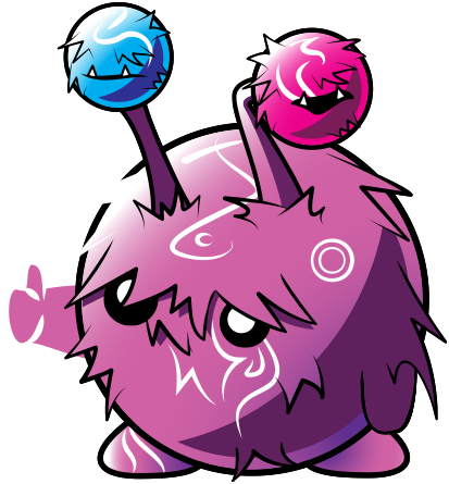 a fuzzy purple doomling holding up a thumbs up pose.