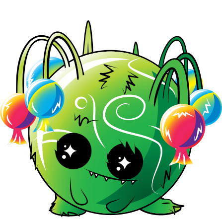 a fuzzy green moonling with rainbow things hanging off it's head